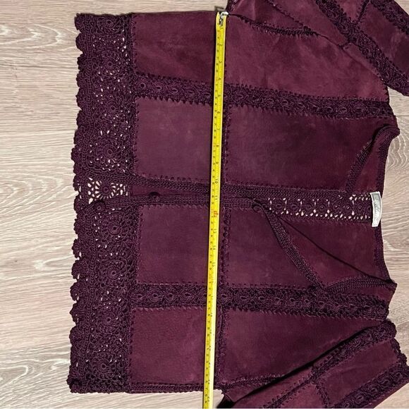 90s 70s Suede Crochet Patch Plum Boho Lagenlook Open Oversized Jacket M Xl Vtg - Picture 7 of 9